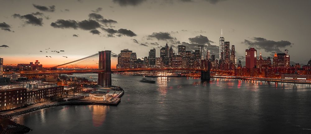 Evening view of Lower Manhattan sky-skyline with Brooklyn bridge over East river, New York, FTBR-190 art print by Assaf Frank for $57.95 CAD