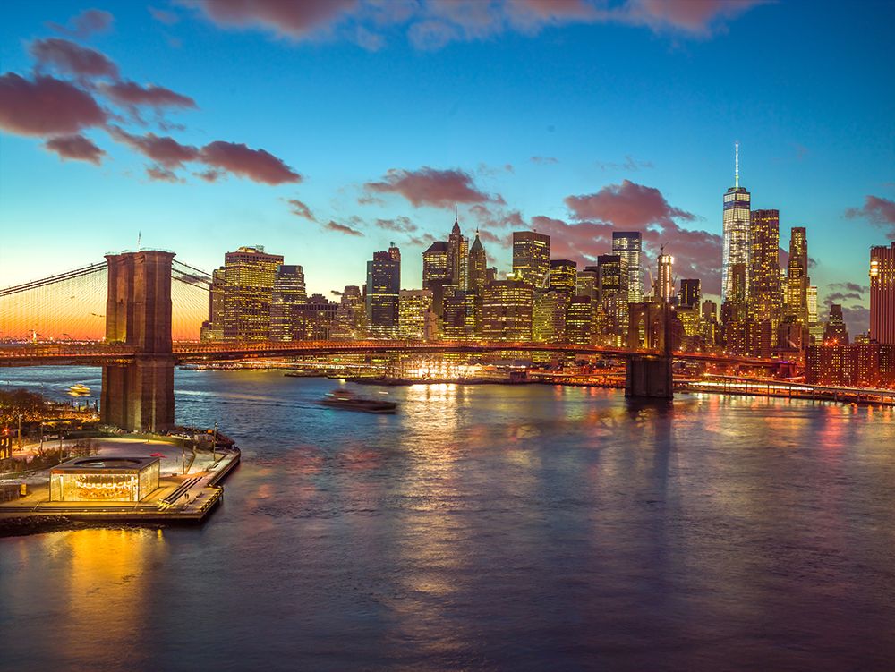 Evening view of Lower Manhattan skyline with Brooklyn bridge over East river, New York art print by Assaf Frank for $57.95 CAD