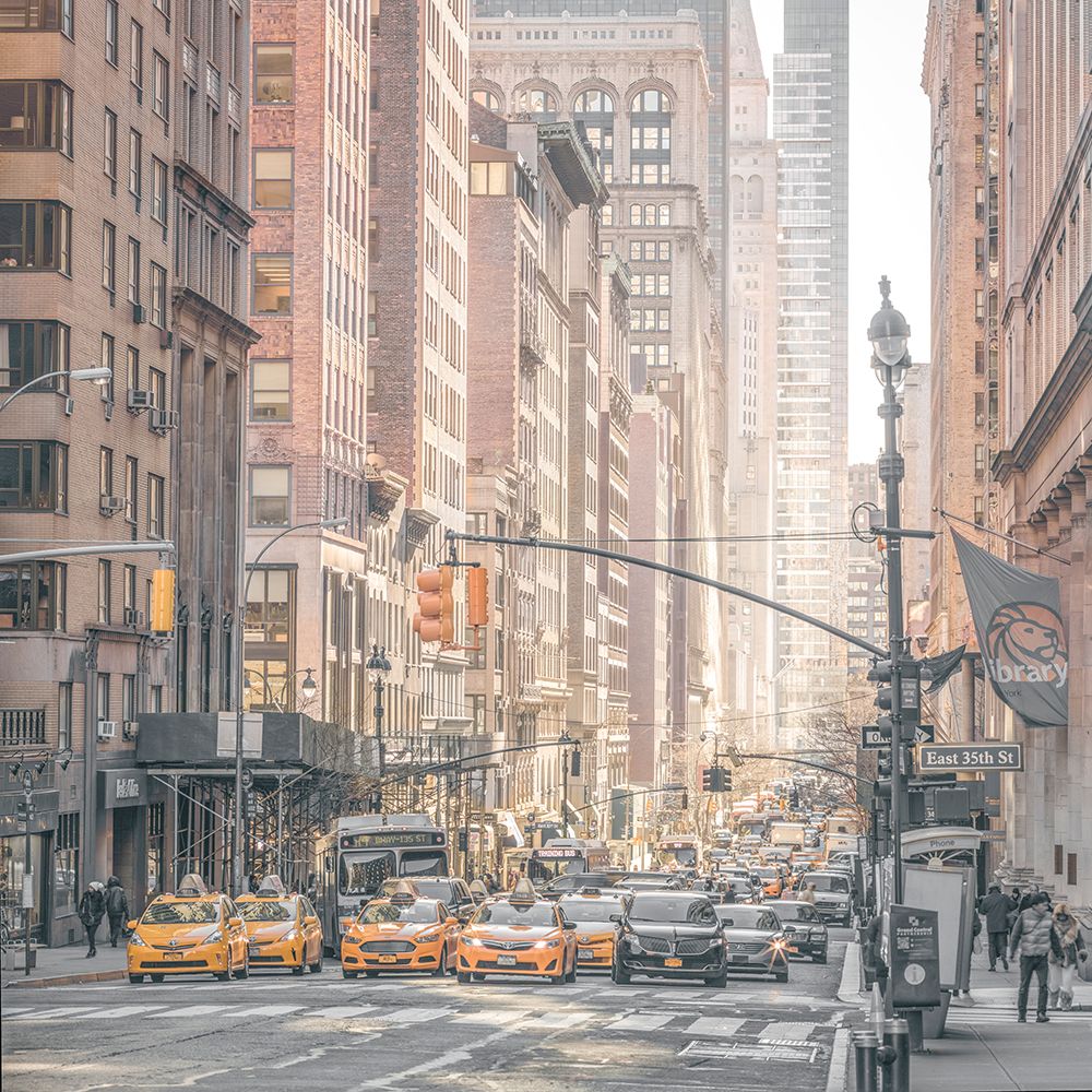Streets of New york with cars and yellow taxis on the traffic signal art print by Assaf Frank for $57.95 CAD