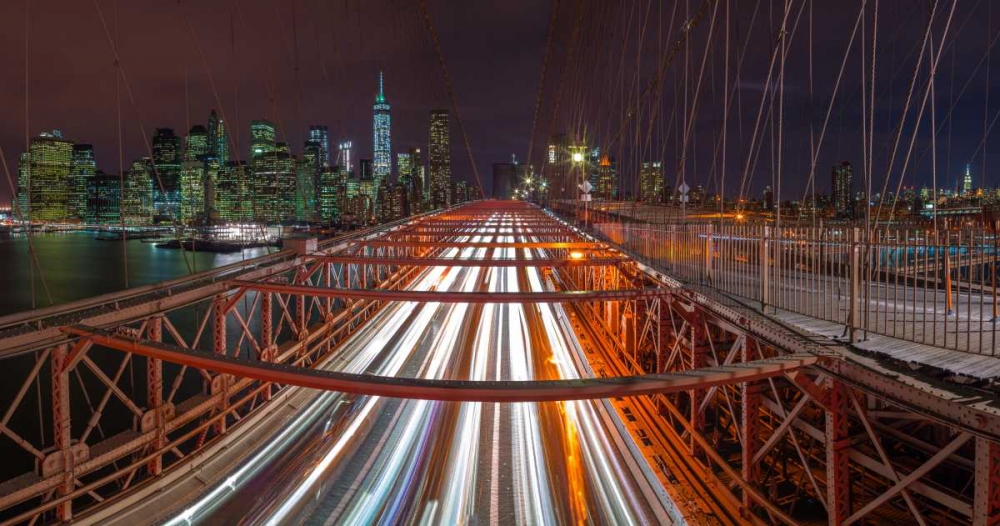 Evening view of Manhattan skyline from Brooklyn bridge art print by Assaf Frank for $57.95 CAD
