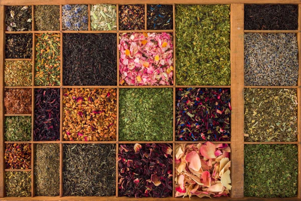 Varieties of tea in a wooden box art print by Assaf Frank for $57.95 CAD
