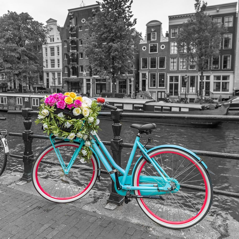 Bicycle with bunch of roses on bridge-Amsterdam art print by Assaf Frank for $57.95 CAD