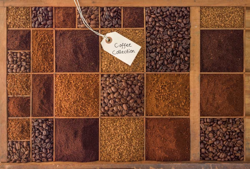Variety of coffee beans in a wooden box art print by Assaf Frank for $57.95 CAD
