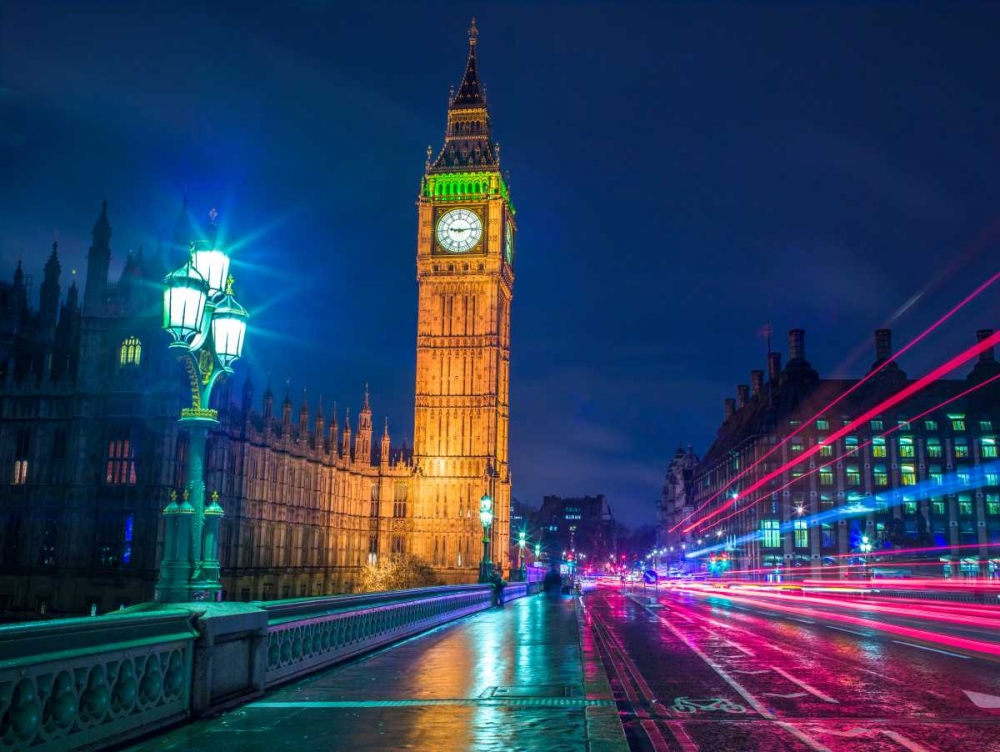 Big ben and westminster bridge with strip lights at night, London art print by Assaf Frank for $57.95 CAD