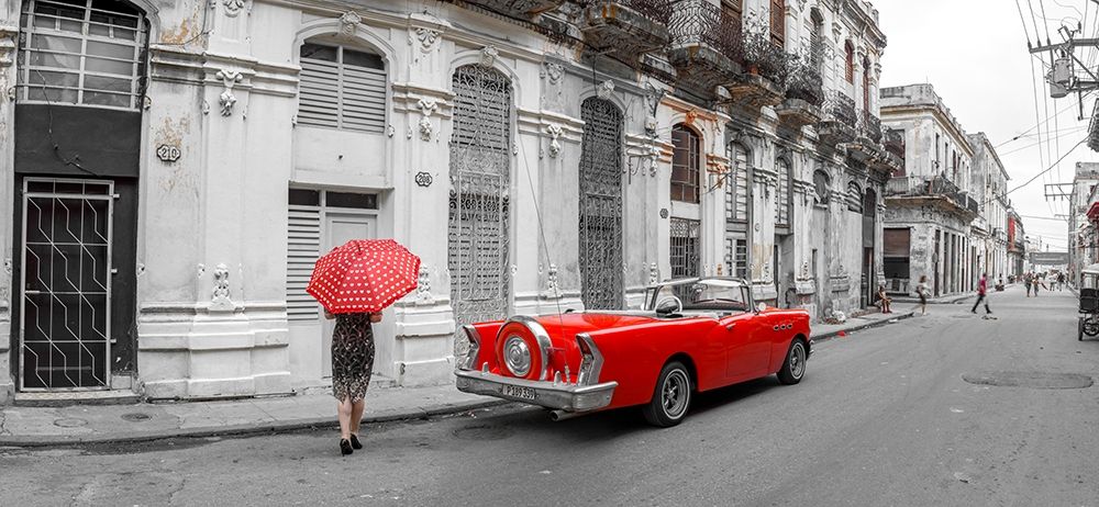 Woman with red umbrella by a vintage car on the street of Havana-Cuba art print by Assaf Frank for $57.95 CAD