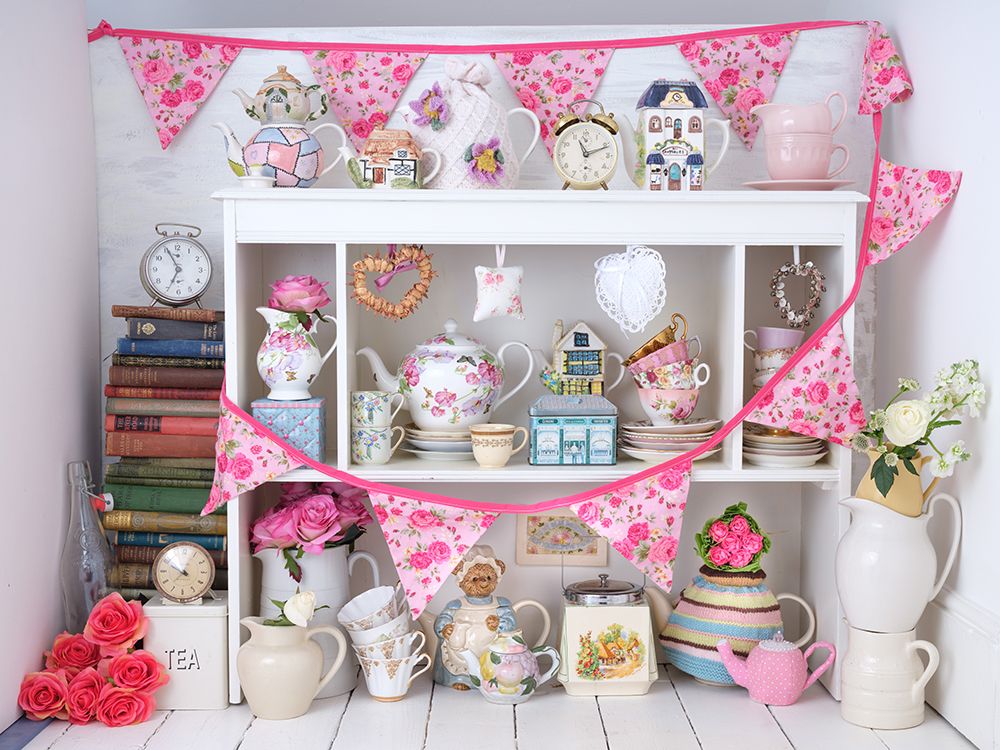Vintage tea pots, cups , clocks with bunting art print by Assaf Frank for $57.95 CAD