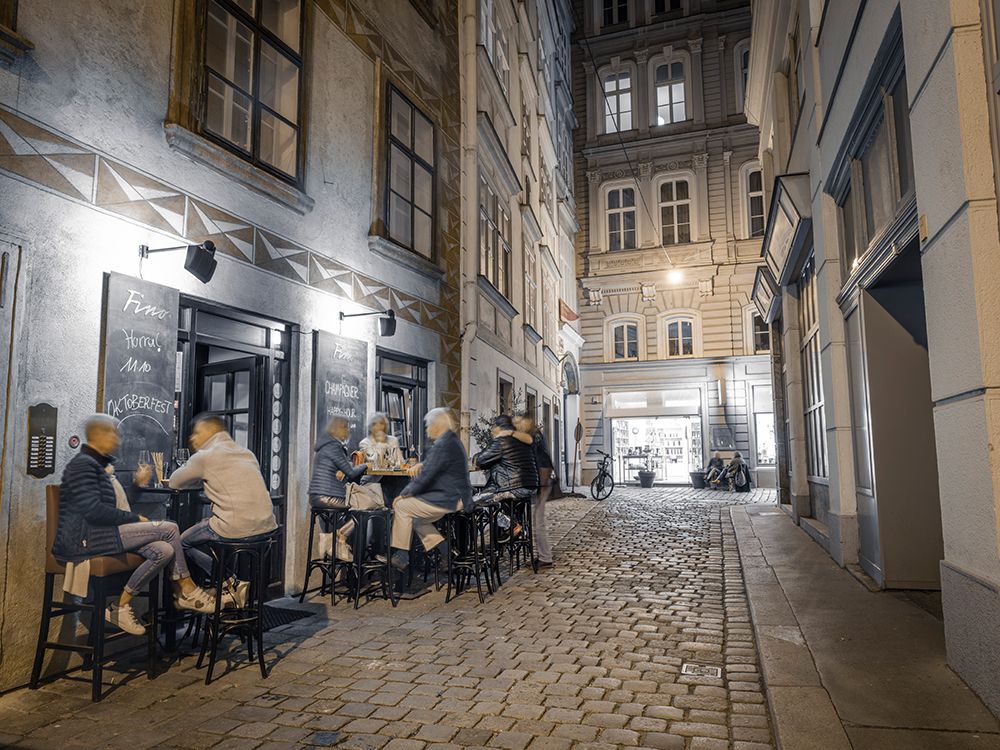 Evening view of street cafe in Vienna, Austria art print by Assaf Frank for $57.95 CAD