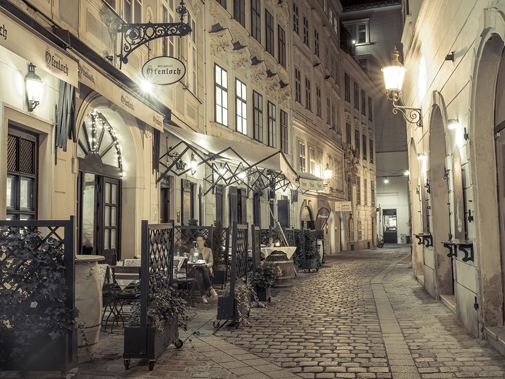 Evening view of street cafe in Vienna, Austria art print by Assaf Frank for $57.95 CAD