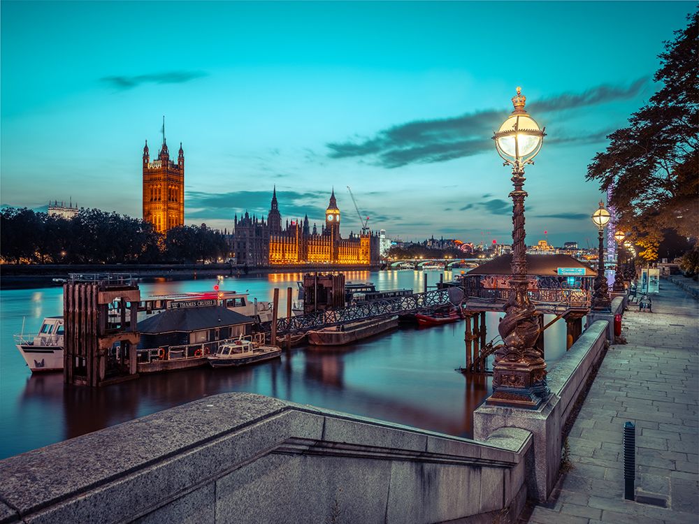 Evening view of the houses of parliament from across the river thames, with a leading steps art print by Assaf Frank for $57.95 CAD