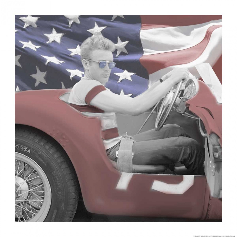 James Dean Flag Blue Sunglasses W Border art print by Jerry Michaels for $57.95 CAD