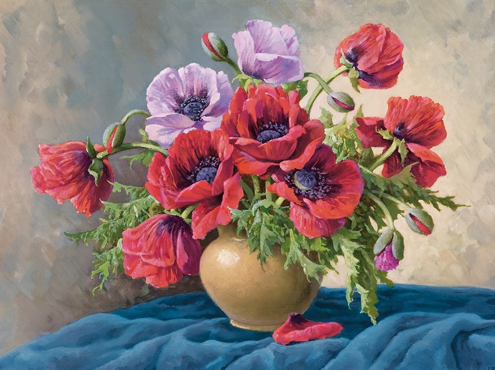 RED POPPIES ON BLUE CLOTH art print by E. Krueger for $57.95 CAD