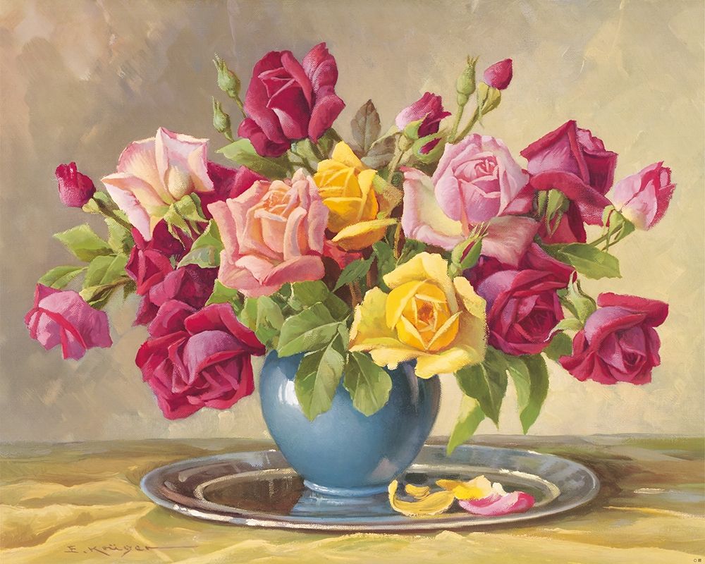 ROSES IN A BLUE VASE art print by E. Krueger for $57.95 CAD