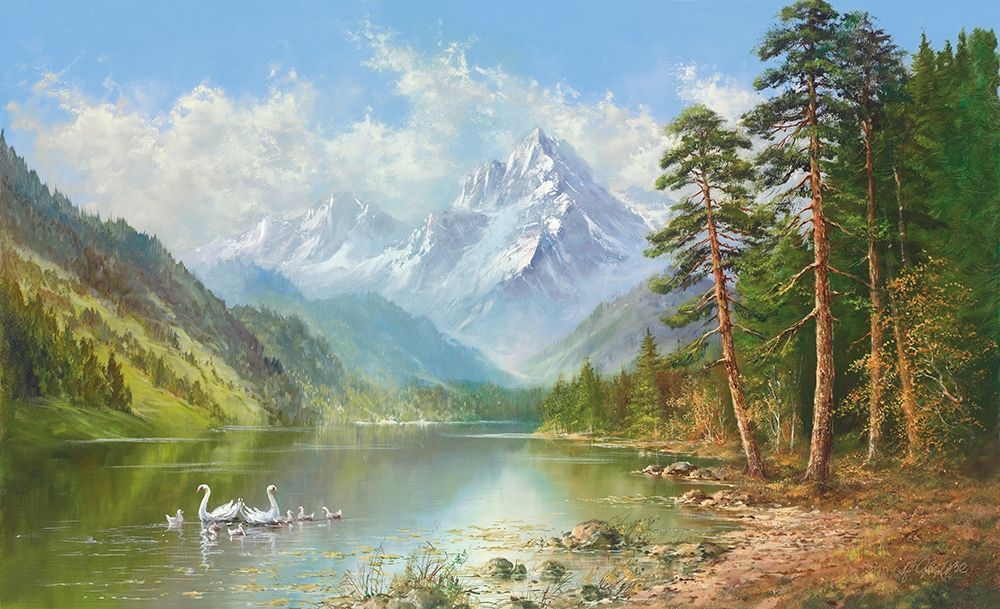 SWAN FAMILY IN SPRINGTIME art print by Helmut Glassl for $57.95 CAD