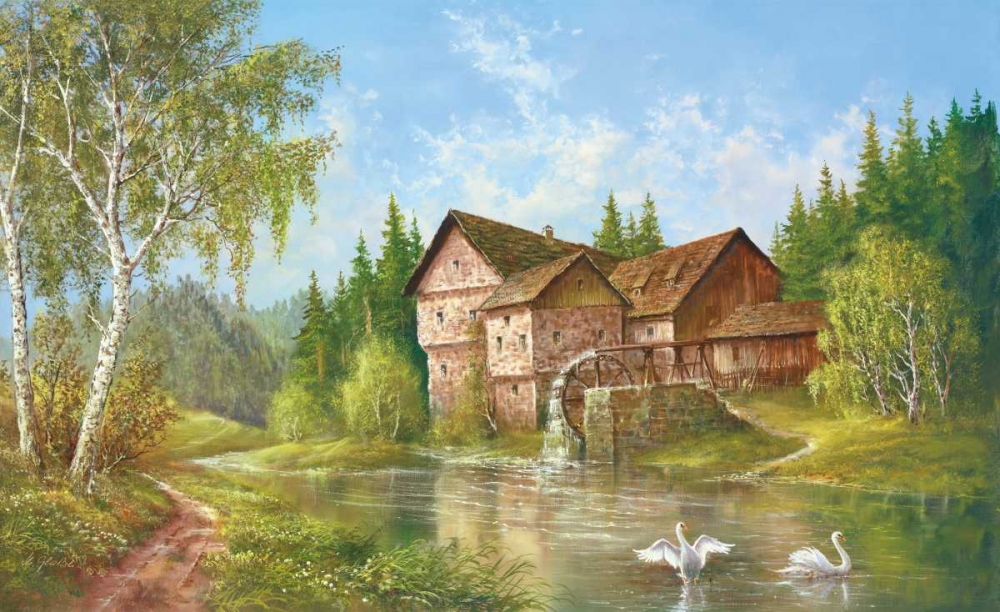 Mill With Swans art print by Helmut Glassl for $57.95 CAD
