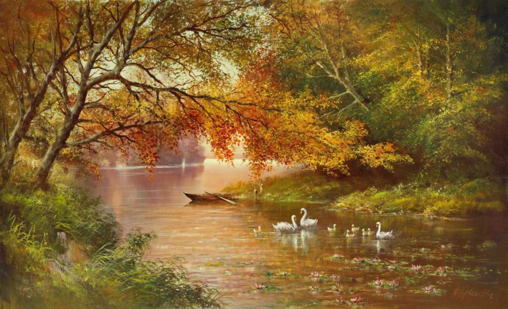 Swan Family In Autumn art print by Helmut Glassl for $57.95 CAD