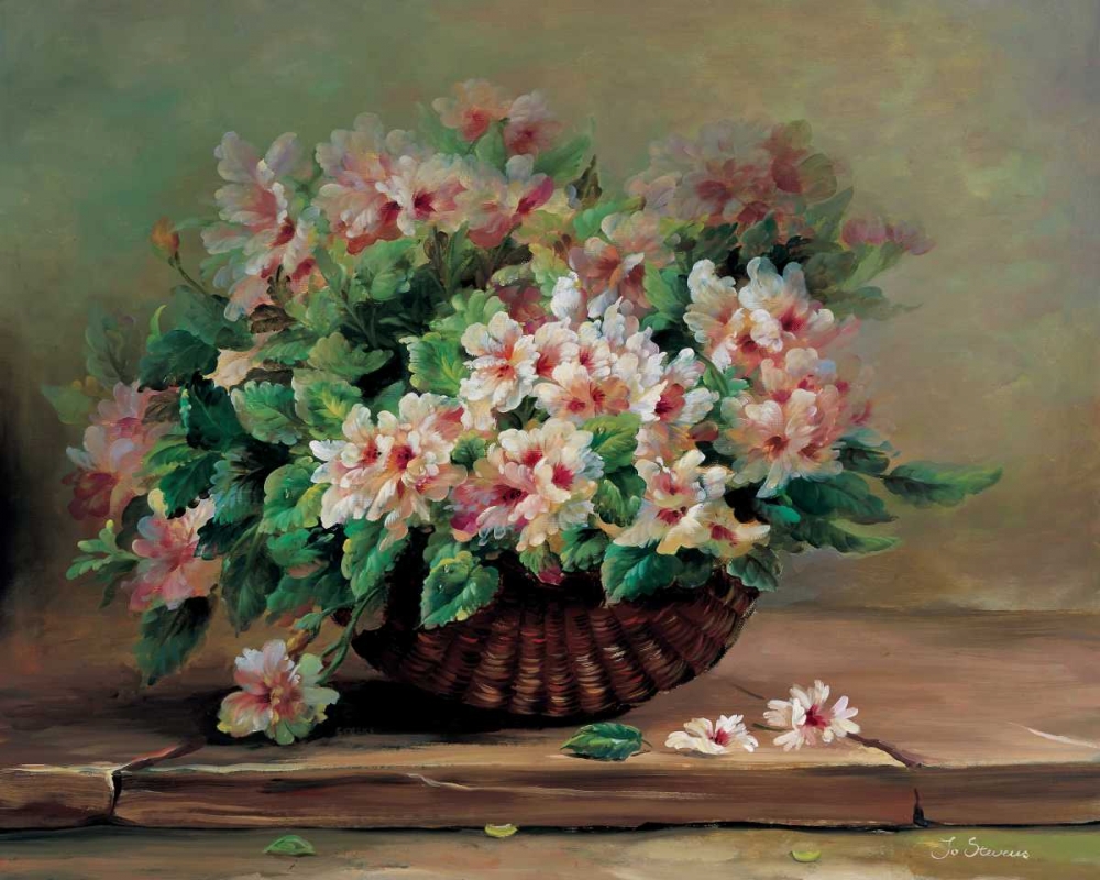 Pink flowers in basket art print by Jo Stevens for $57.95 CAD