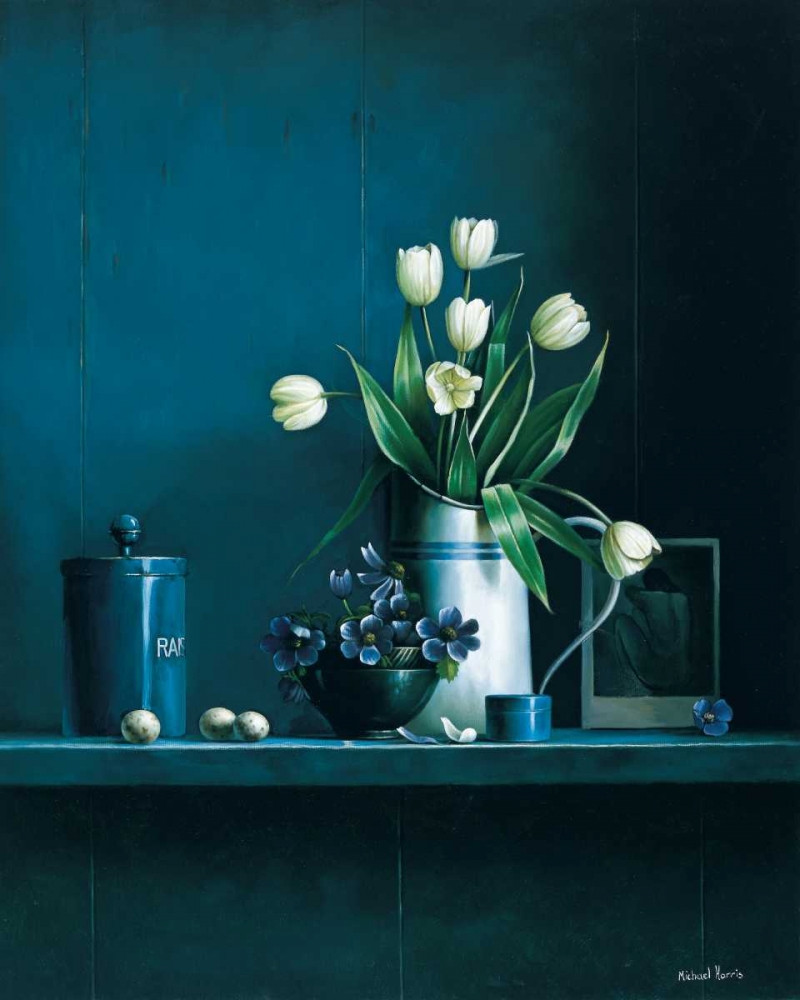 Stillife in blue with tulips art print by Michael Harris for $57.95 CAD