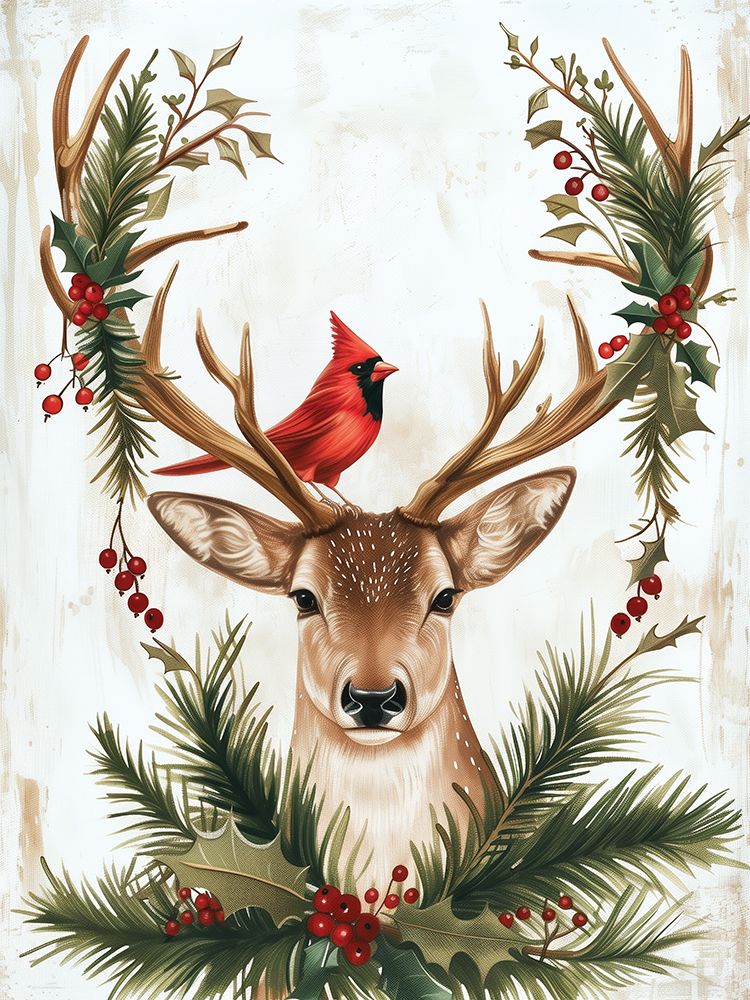Festive Holiday Reindeer and Cardinal art print by Acorn And Ivory Designs for $57.95 CAD
