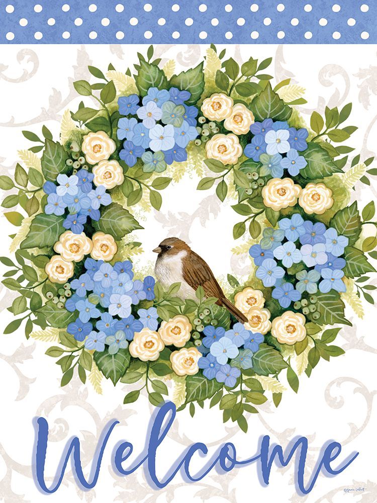 Welcome Sparrow Hydrangea Wreath art print by Annie LaPoint for $57.95 CAD