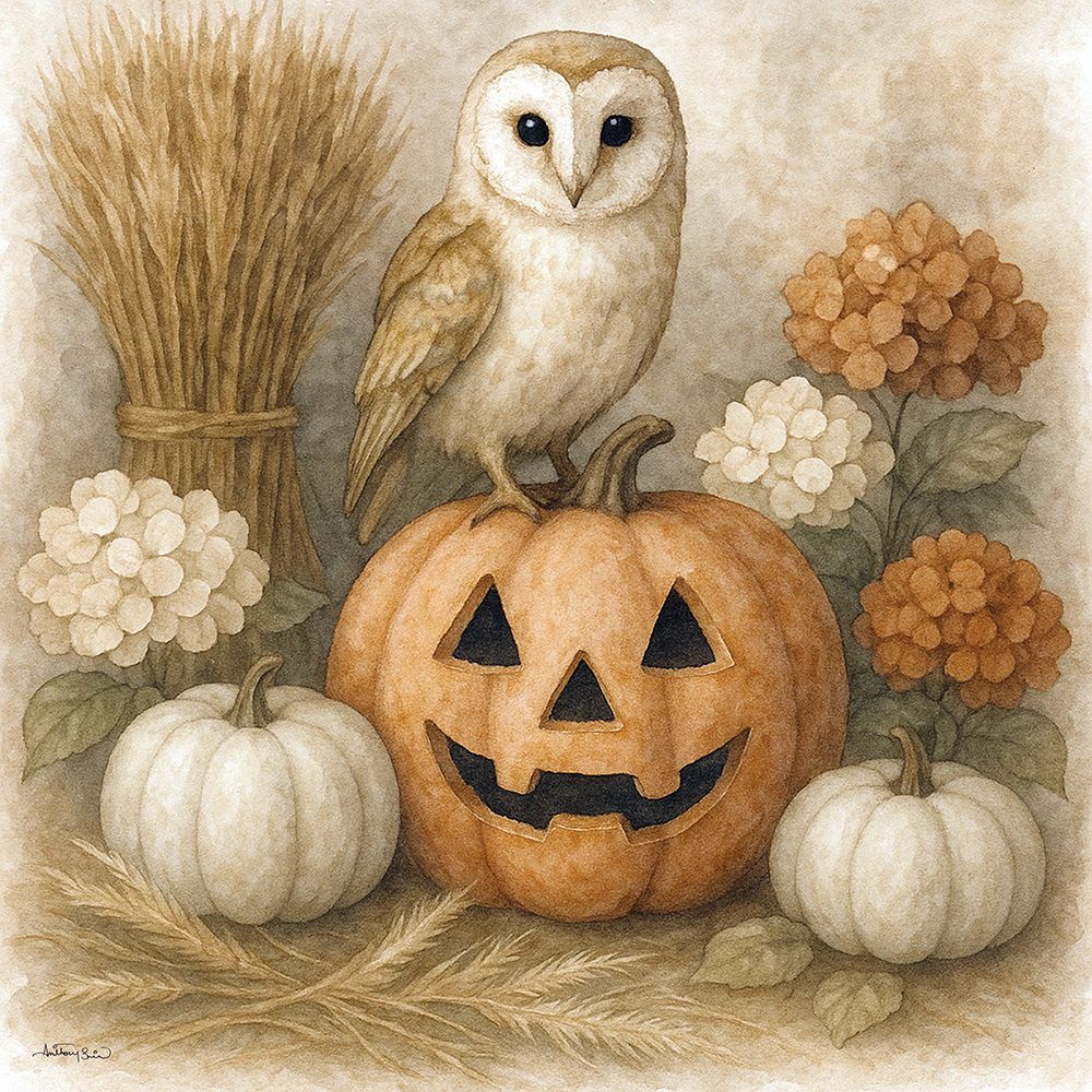 Jack-O-Lantern Owl art print by Anthony Smith for $57.95 CAD