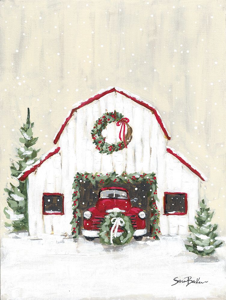 Farmhouse Christmas Truck And Barn art print by Sara Baker for $57.95 CAD