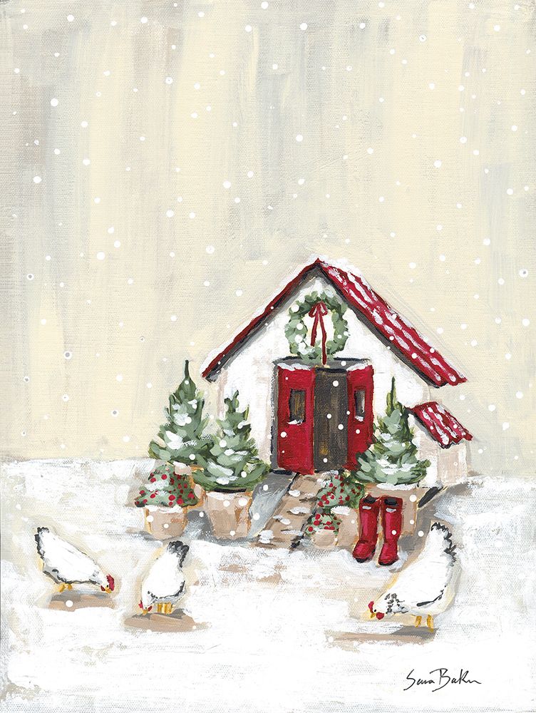 Farmhouse Christmas Chicken Coop art print by Sara Baker for $57.95 CAD