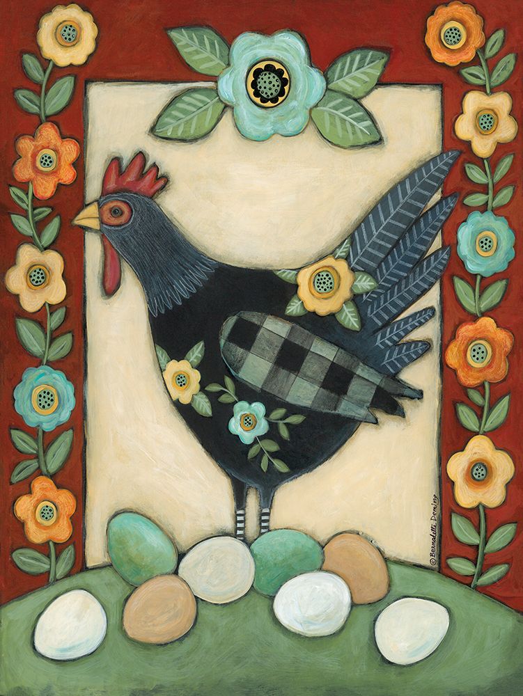 Folk Art Chicken and Eggs art print by Bernadette Deming for $57.95 CAD