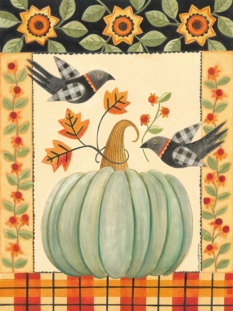 Folk Art Green Pumpkin and Birds art print by Bernadette Deming for $57.95 CAD