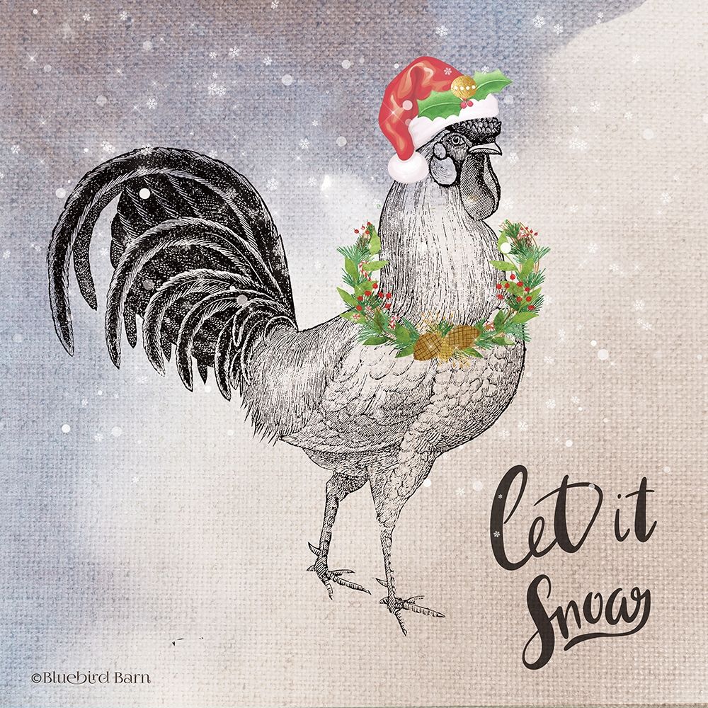 Vintage Christmas Be Merry Rooster art print by Bluebird Barn for $57.95 CAD