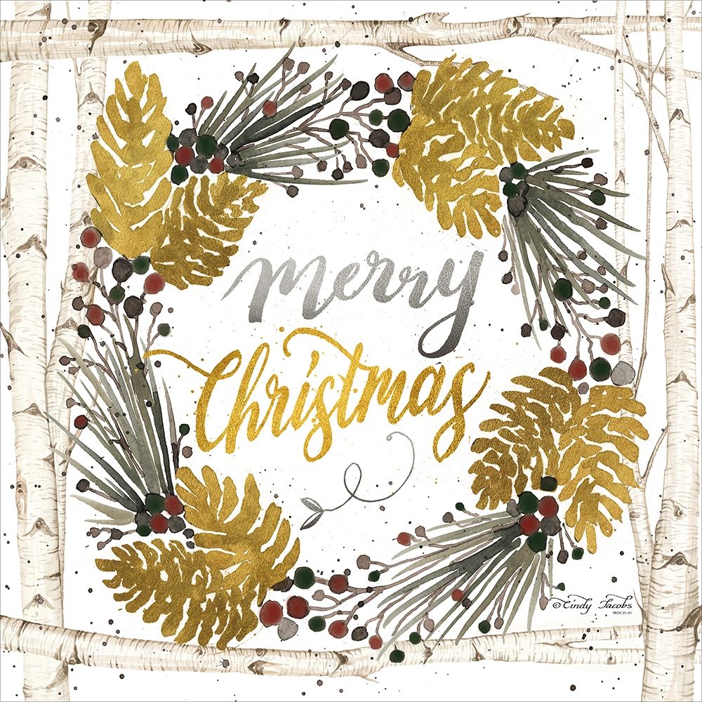 Merry Christmas Birch Wreath with Berries art print by Cindy Jacobs for $57.95 CAD