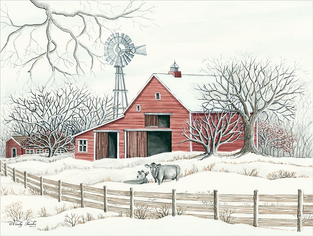 Winter Barn with Windmill art print by Cindy Jacobs for $57.95 CAD