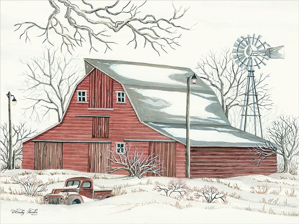Winter Barn with Pickup Truck art print by Cindy Jacobs for $57.95 CAD