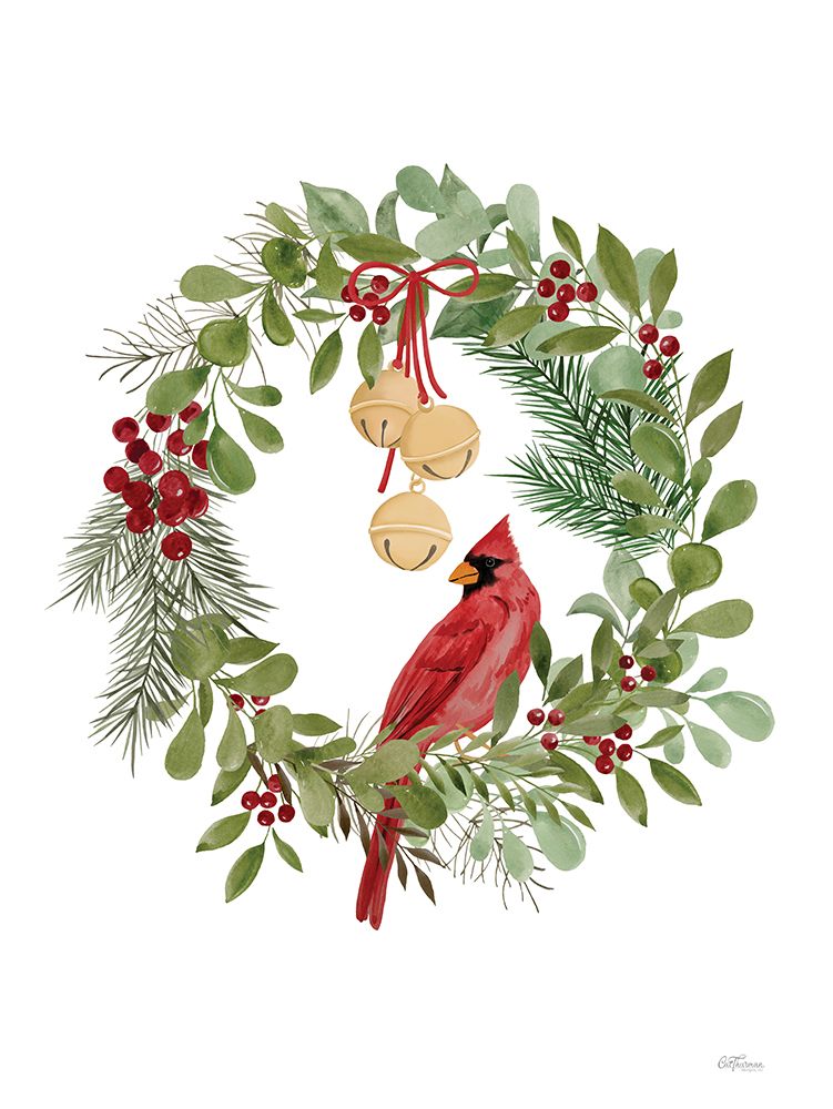 Christmas Cardinal Wreath art print by Cat Thurman Designs for $57.95 CAD