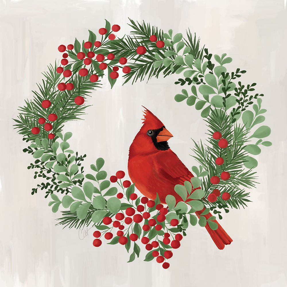 Christmas Cardinal Wreath art print by Cat Thurman Designs for $57.95 CAD