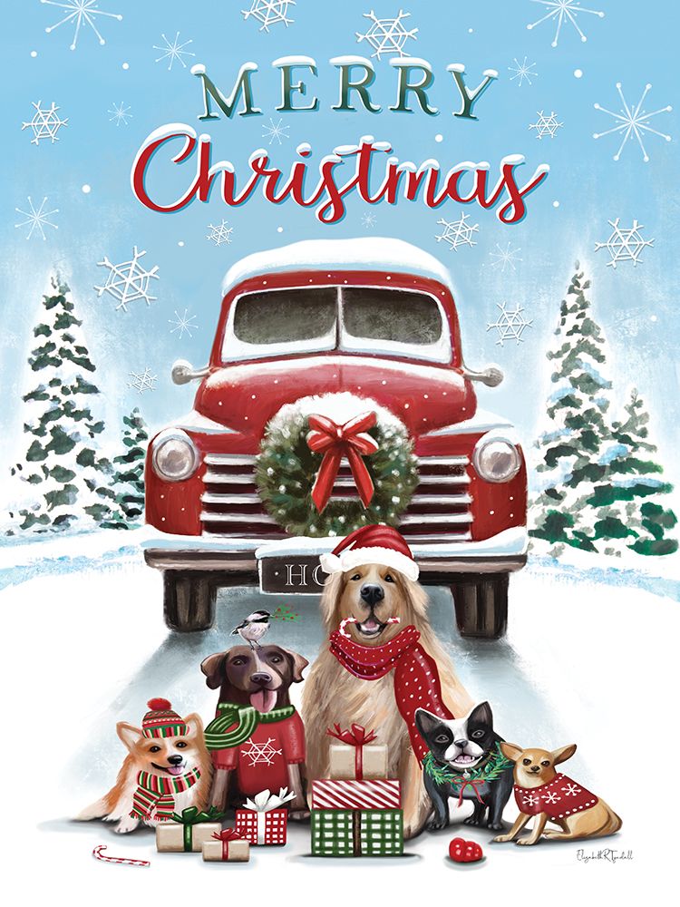 Merry Christmas Red Truck And Dogs art print by Elizabeth Tyndall for $57.95 CAD