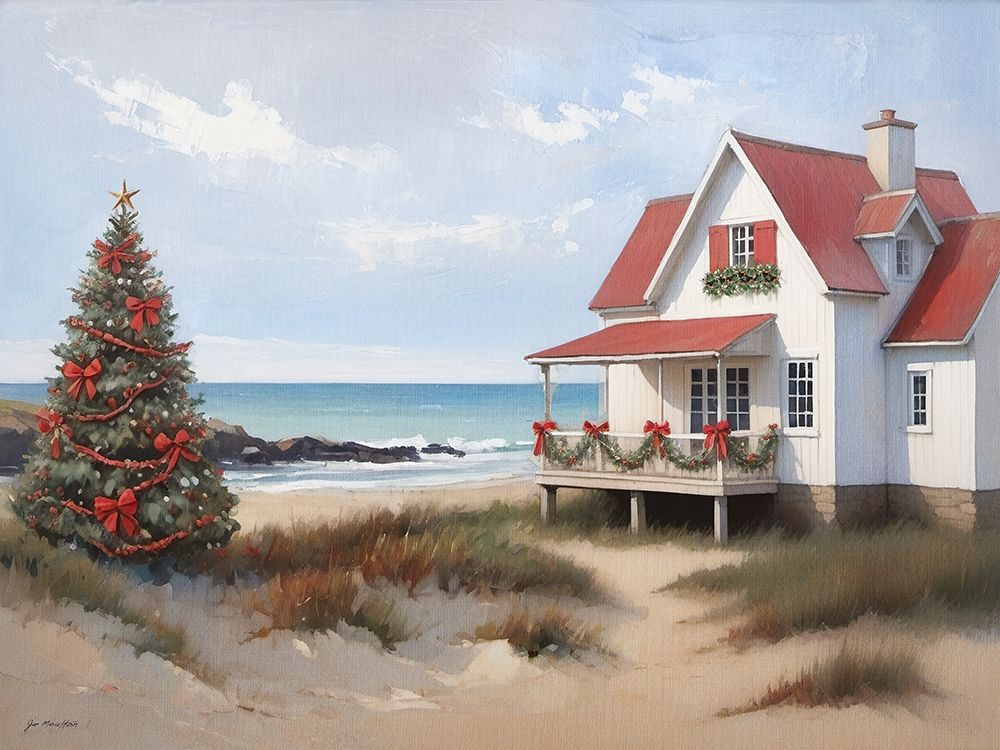 Red Christmas Cottage art print by Jo Moulton for $57.95 CAD