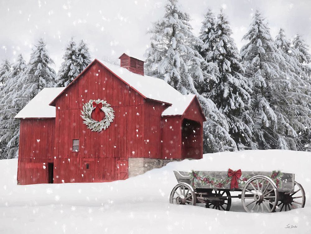 Red Christmas Barn and Wagon art print by Lori Deiter for $57.95 CAD