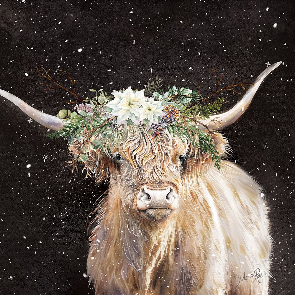 Christmas White Floral Highland Cow II art print by Marla Rae for $57.95 CAD