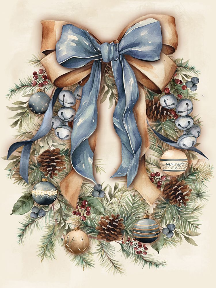 Dusty Blue Christmas Wreath art print by Mollie B. for $57.95 CAD