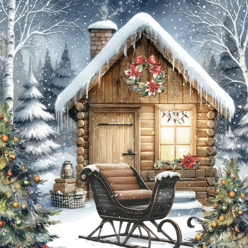 Christmas Cabin with Sleigh art print by Nicole DeCamp for $57.95 CAD
