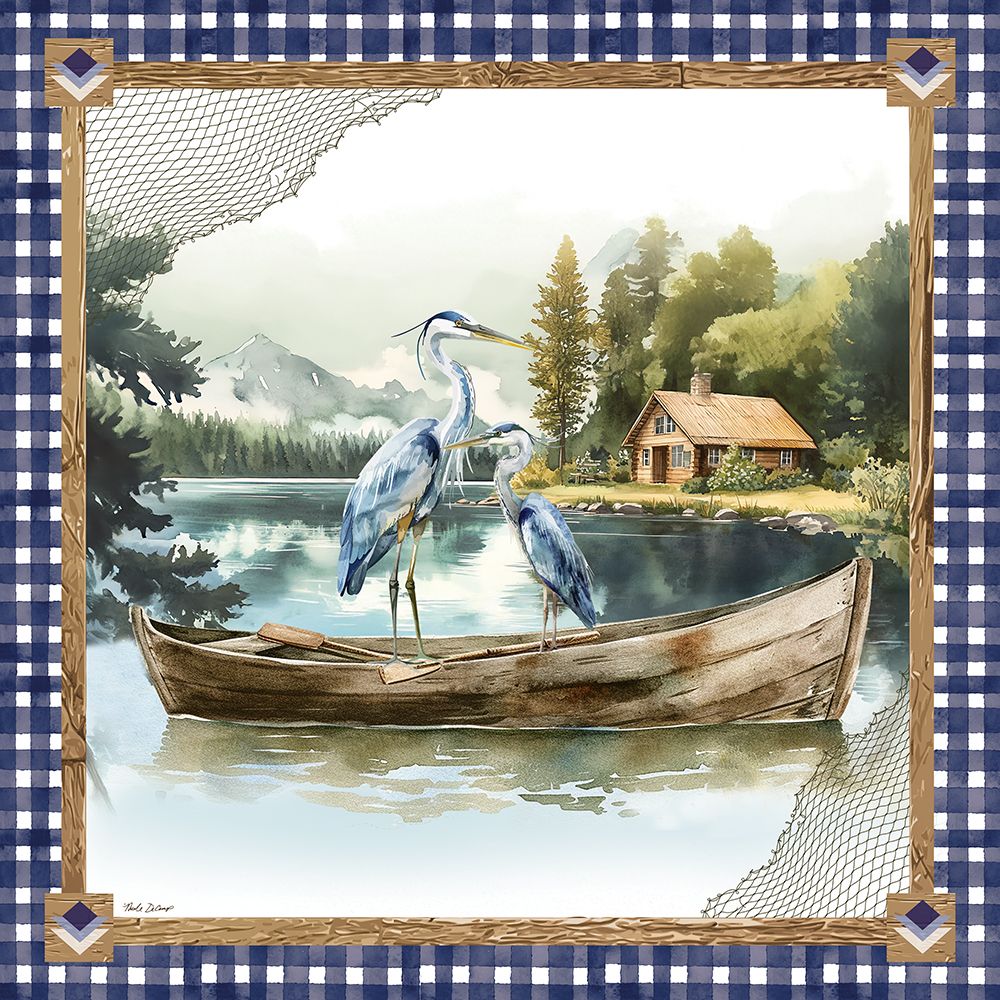 Lake Life Boat with Cranes art print by Nicole DeCamp for $57.95 CAD