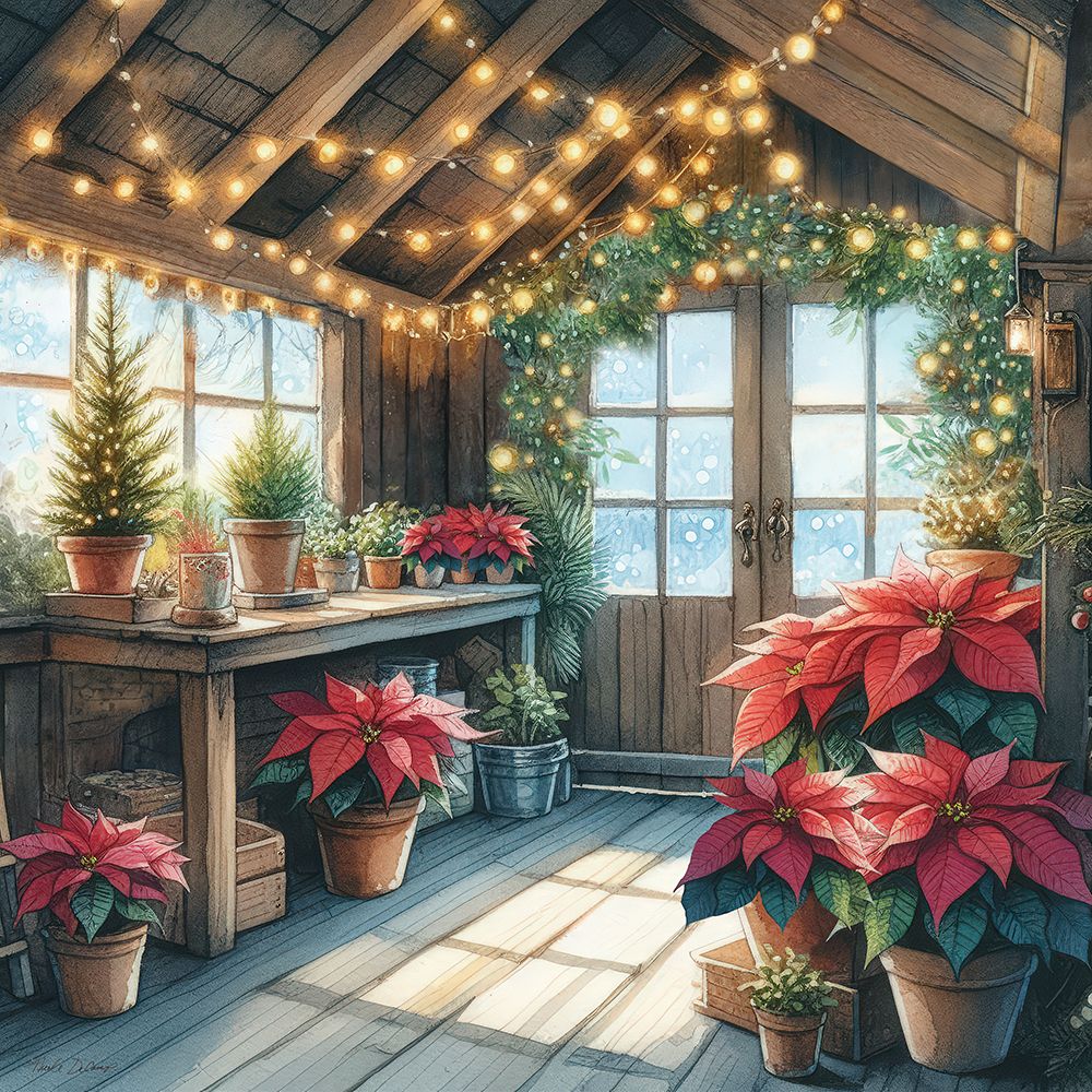 Poinsettia Garden Shed art print by Nicole DeCamp for $57.95 CAD