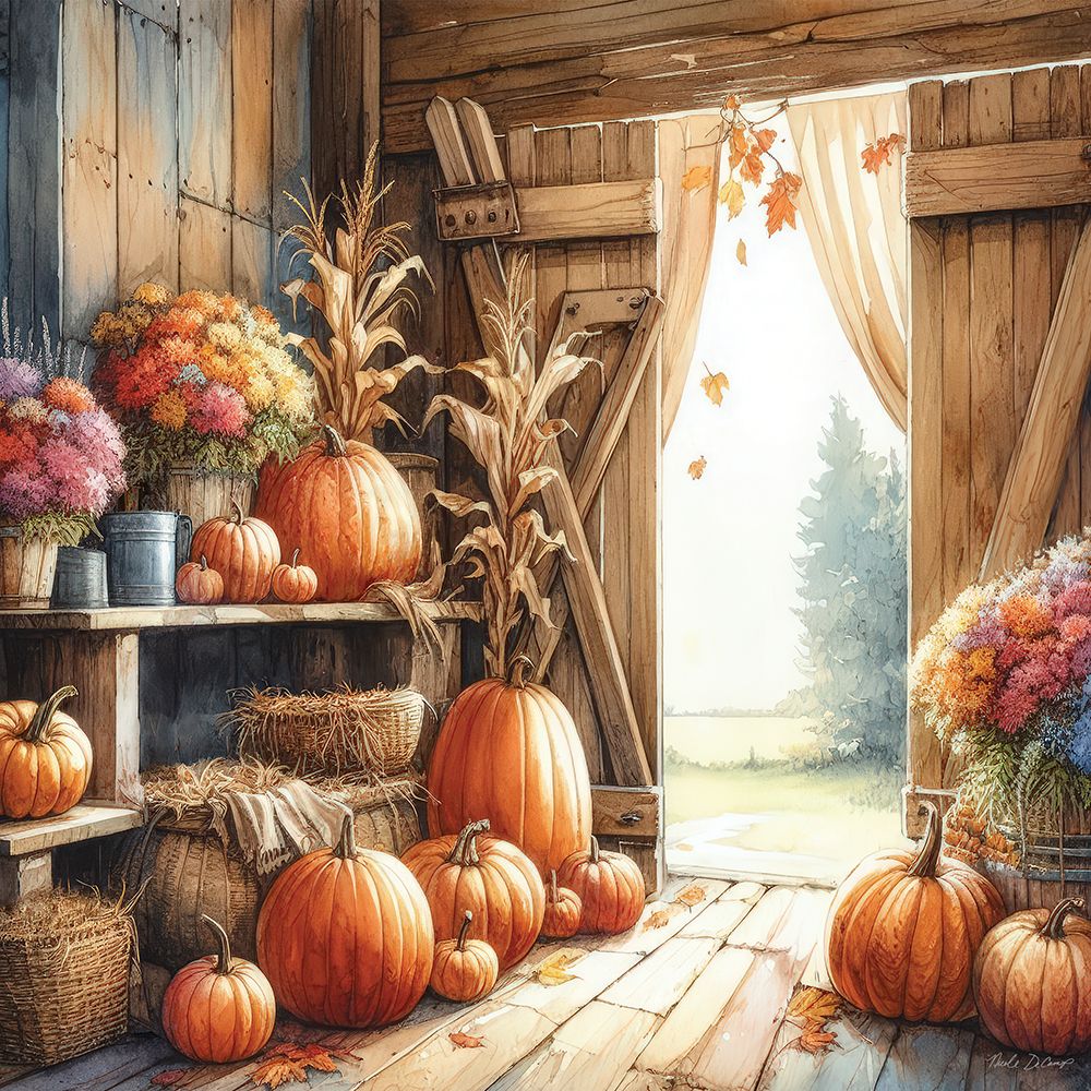Fall Flowers And Pumpkins Still Life art print by Nicole DeCamp for $57.95 CAD