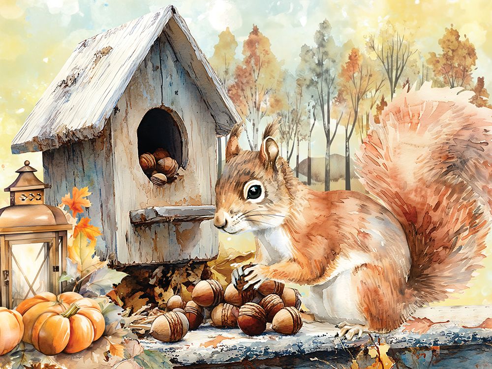 Fall Woodland Squirrel And Birdhouse art print by Nicole DeCamp for $57.95 CAD
