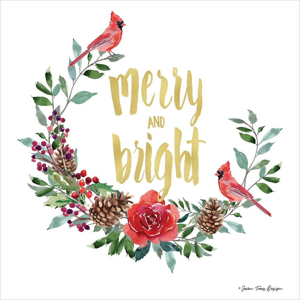 Merry and Bright Wreath with Cardinals art print by Seven Trees Design for $57.95 CAD