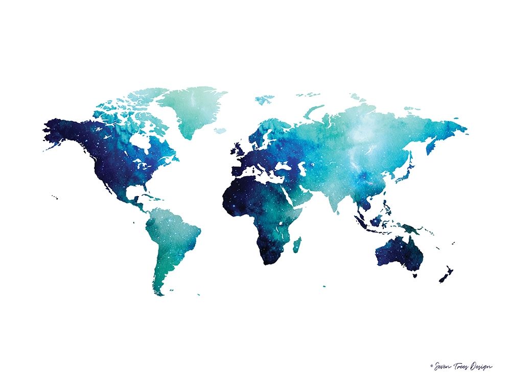 Blue Space World Map art print by Seven Trees Design for $57.95 CAD