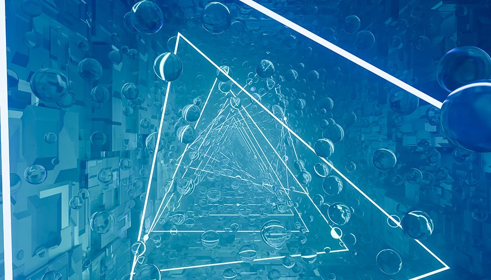 Futuristic Blue Geometric Tunnel With Triangles And Spheres. Illustration, Rendering art print by Sergio Bonilla for $57.95 CAD