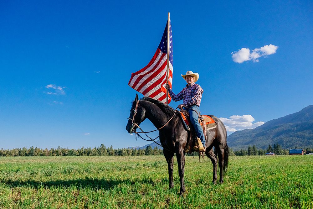 Man On Horseback Holds American Flag In Open Field Under Clear Blue Sky. Oregon, USA art print by Pete Saloutos for $57.95 CAD