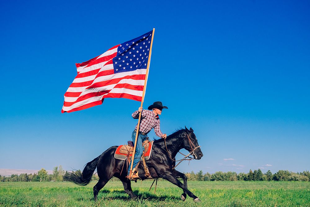 Cowboy On Horseback Waving Large American Flag In Open Green Field Under Clear Blue Sky. Oregon, USA art print by Pete Saloutos for $57.95 CAD