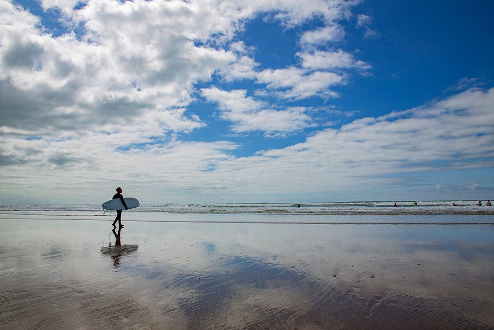 France, Les Sables Dolonne, 85, Grande Plage At Low Tide, Surfer Walking With Board Under Arm 2025. art print by Jacques Loic for $57.95 CAD